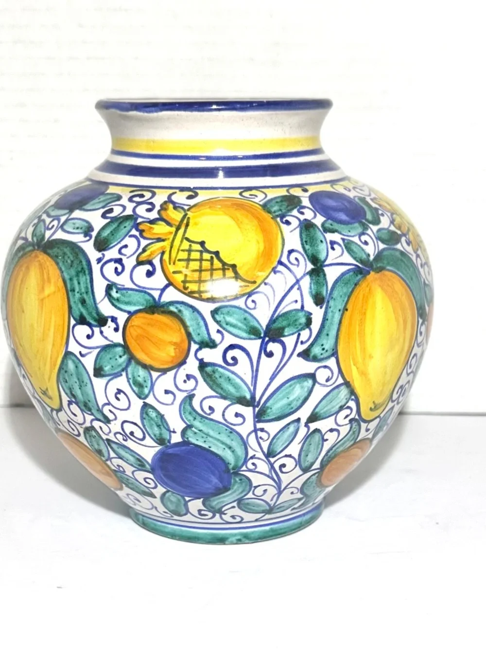 VTG Hand Painted Round Ceramic Vase 6” Fruit Motif Signed F Micalli Deruta Italy